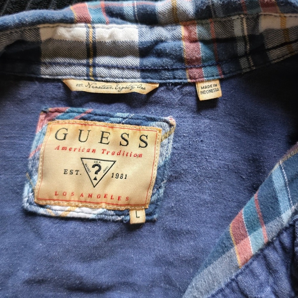 Vintage GUESS Pearl Snap Western Plaid Shirt Blue Orange Contrast Yoke Flannel - Picture 7 of 10